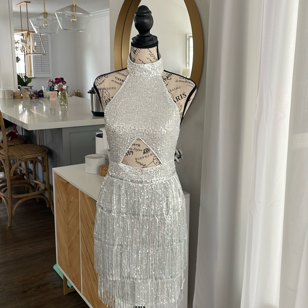 Cut Out Sequin Halter Dress with Fringe Trim